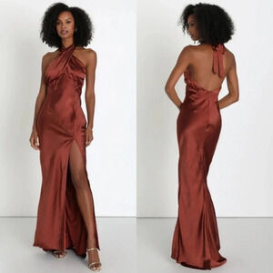 Lulu's Start of Forever Brown Satin Halter Mermaid Maxi Dress Wedding Party